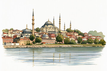 Naklejka premium Beautiful watercolor illustration of Istanbul mosque and skyline reflecting on water