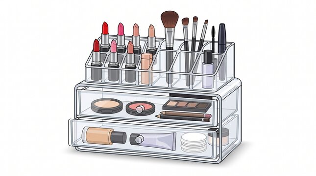 acrylic makeup organizer with cosmetics and brushes