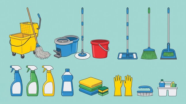 cleaning supplies and housekeeping equipment set
