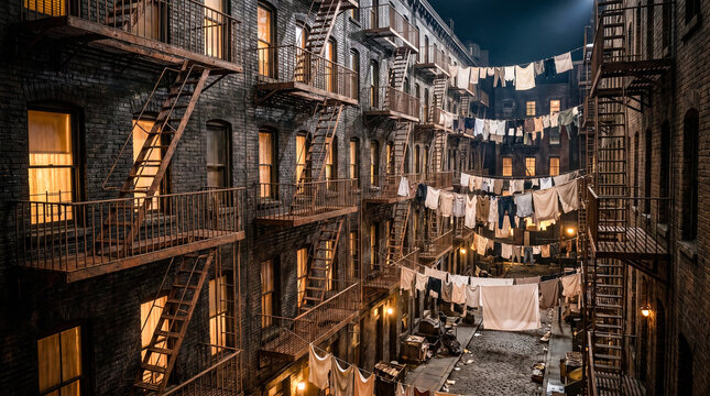 a maze of fire escapes zigzagging down the side of an old dark brick apartment building surrounded by hanging laundry and glowing windows casting soft light into the alleyway
