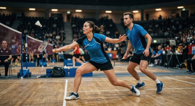 Active Badminton Players Competing in a Fast-Paced Indoor Match