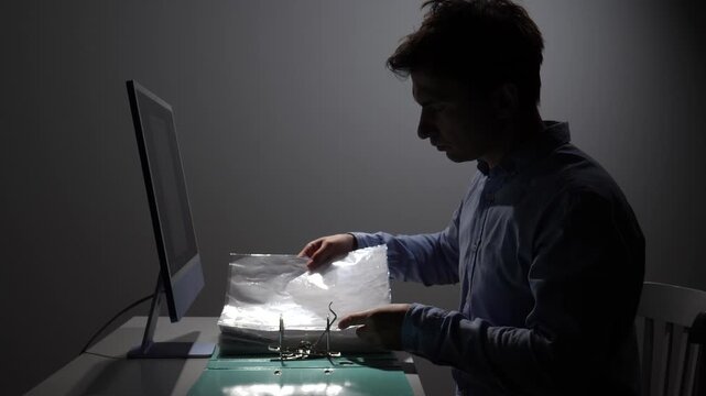Man reviewing financial documents and files at his desk in a dimly lit office, dedicating extra hours to diligent paperwork and data management while a computer monitor displays information