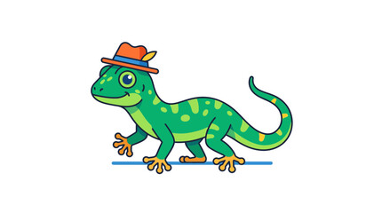 Fototapeta premium Green cartoon lizard wearing hat