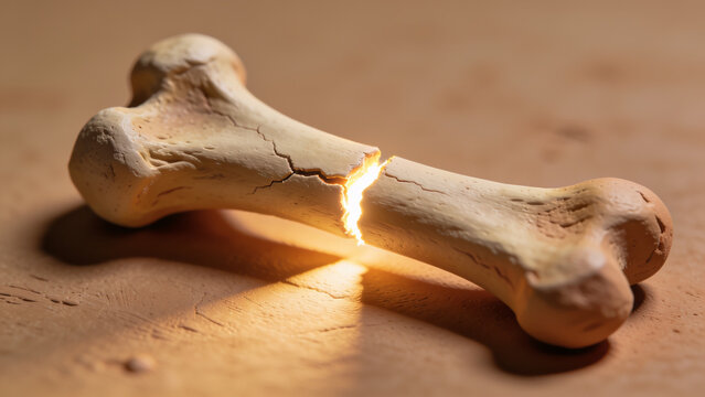 Close-up of a broken bone with a glowing crack on a wooden surface