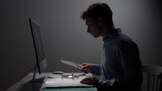 Young man in a dark office carefully analyzing a document with a magnifying glass, while also looking at a computer screen, representing deep investigation, data scrutiny, and detailed auditing