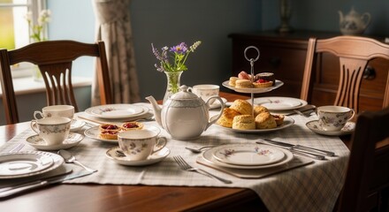 Fototapeta premium Elegant Afternoon Tea Setting With Scones And Pastries