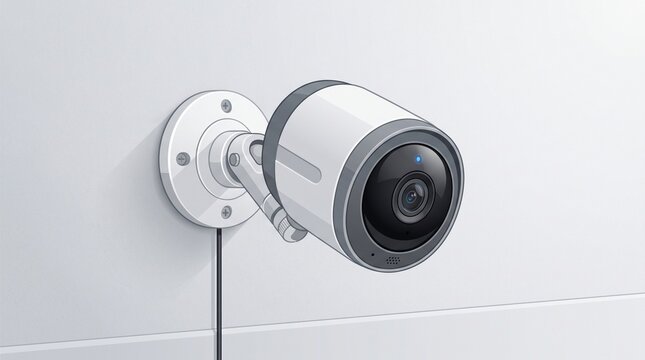 Modern security camera mounted on a white wall