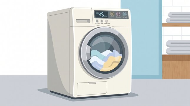 Modern front loading washing machine in laundry room illustration