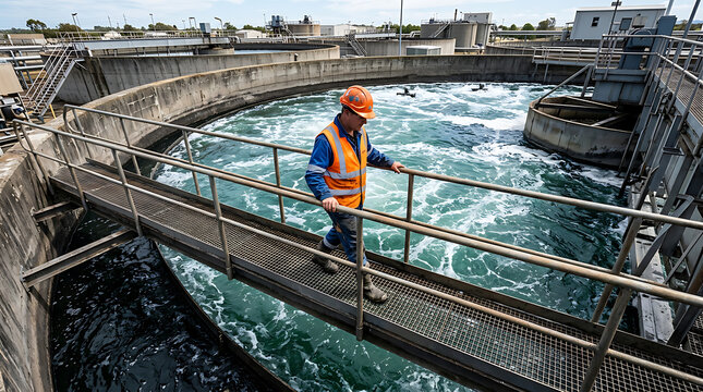 industrial water treatment facility technician inspecting large circular clarifier in a modern wastewater plant