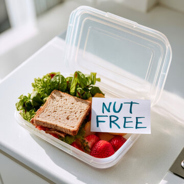 Nut Free label on packed school lunchbox with simple allergy safe foods on a sunlit kitchen counter. Food allergy awareness, safe school lunches and allergen labelling.