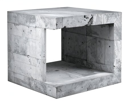 A hollow, concrete cube displays rough texture and an open core, isolated against white