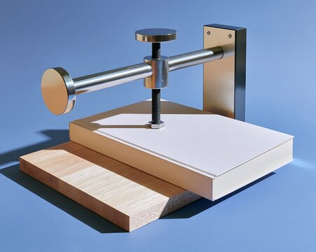 Industrial book press tool compressing a book on a wooden board against a blue