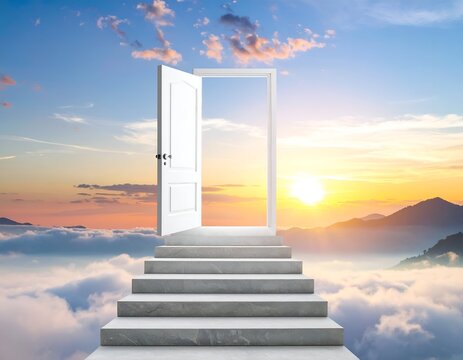 White door atop stone stairs, opening to sunlit sky above clouds, suggestive of new beginnings
