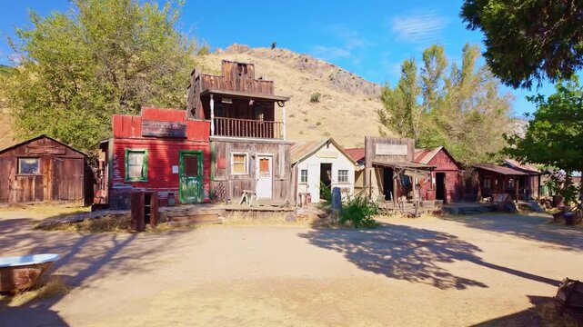 Weathered vintage buildings remain standing at the Silver City ghost town near Bodfish California