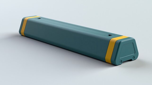 Teal parking wheel stop barrier with yellow end caps on a plain