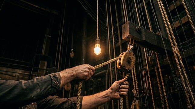 Stagehand operating ropes and pulleys in a dimly lit theater backstage area