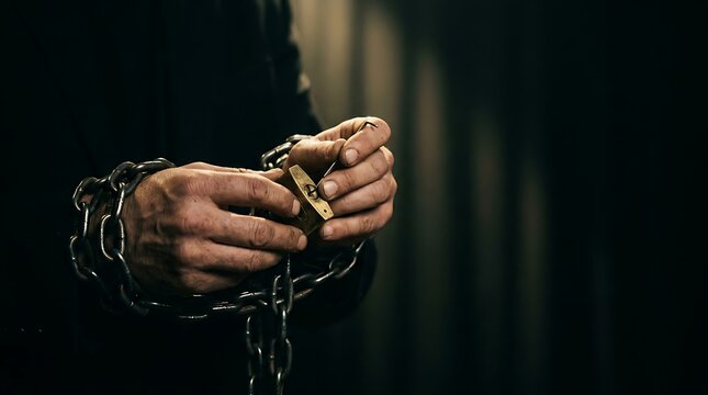 Man's hands chained and picking a lock with a tool