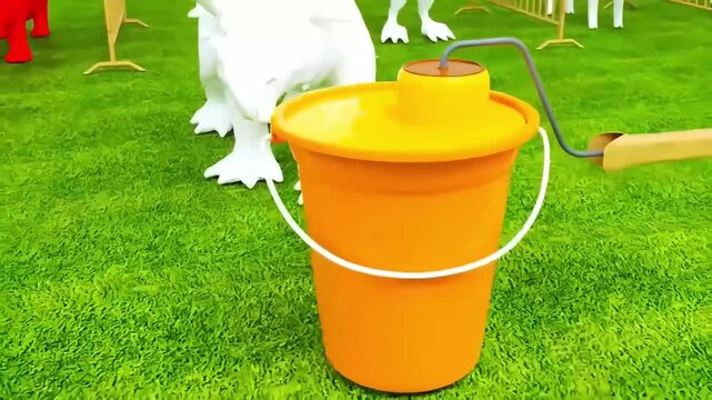 3D Animated Triceratops Dinosaur Painting with Paint Roller on Green Grass Field
