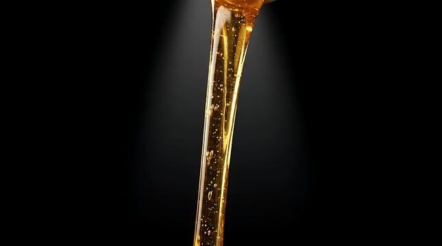 Golden honey pouring against dark background
