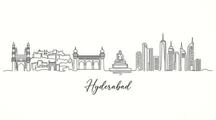Fototapeta premium Elegant minimalist line art depiction of hyderabad skyline featuring historic architecture alongside modern skyscrapers