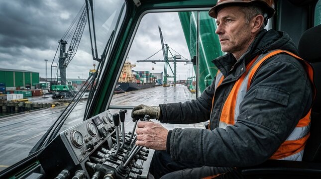 Experienced crane operator in high-visibility vest controls heavy machinery at a busy shipping port with container ship and cranes in background