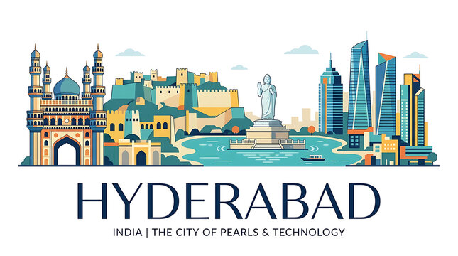 Vibrant illustration of Hyderabad showcasing historical landmarks, modern skyscrapers, cultural icons, scenic water bodies, and