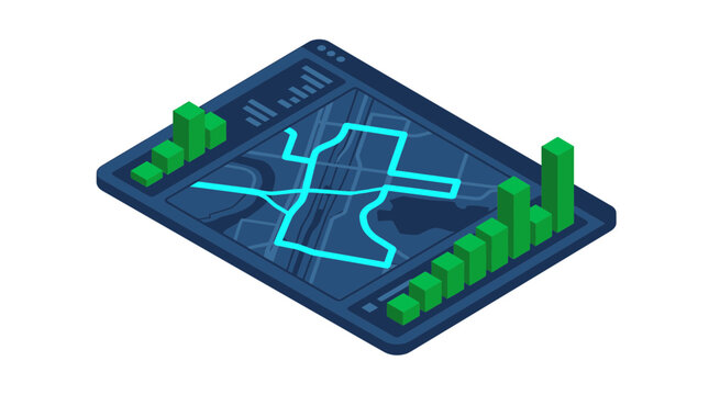 Isometric 3D Digital Map Dashboard with Data Analytics Bar Charts