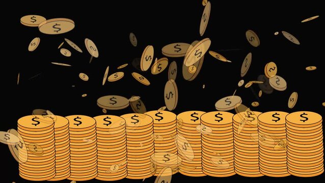 Animated dollar coin stacks wealth success money finance casino jackpot. Gold coins falling animation stacks dollar currency riches profit luxury.