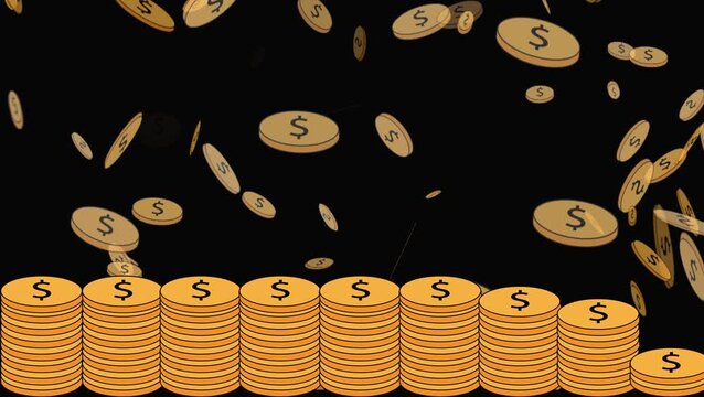 Animated coins falling stacking abundance wealth prosperity dollar currency. Gold coins animation money stacks economic growth financial markets capital.