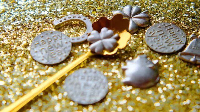 silver Happy New Year token in a golden casting spoon with lucky figures and glitter bokeh, suitable for festive greetings, prediction themes, party invitations and holiday advertising. 4k footage