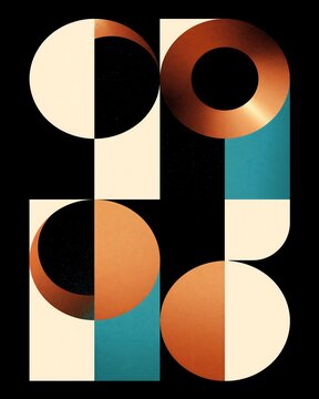 Geometric composition featuring circles and rectangles in copper, teal, and cream