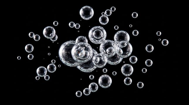 Clear, reflective bubbles rise against a deep black background, appearing suspended and glowing.