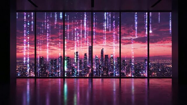 Futuristic cityscape with digital data rain overlay, cyberpunk sunset skyline view from modern office window, high-tech virtual reality background