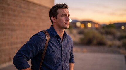 Fototapeta premium Profile of a tired young male professional standing outdoors after a long workday