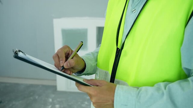 inspector or engineer is inspecting construction and quality assurance new house using a checklist. Engineers or architects or contactor work to build the house before handing it over to the homeowner