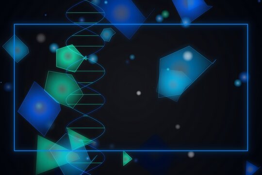 Dna helix with glowing geometric shapes in space background