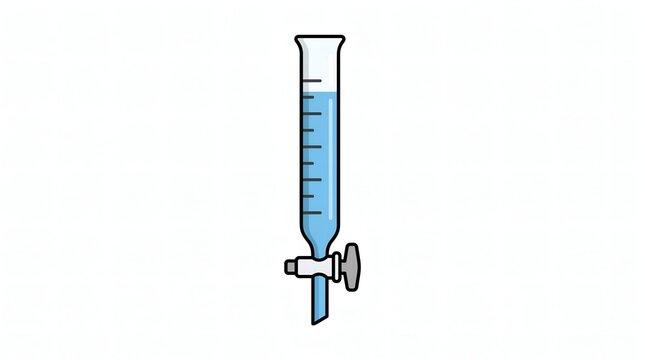 Laboratory glass buret icon with blue chemical liquid for titration experiment