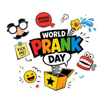Prank themed vector illustration featuring classic joke items and playful typography