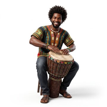 Black man playing djembe drum in colorful traditional African shirt