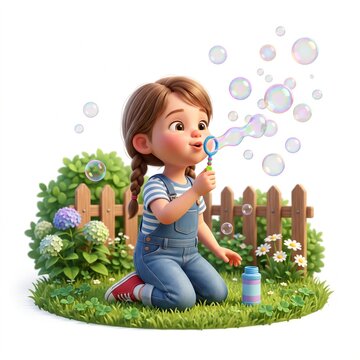 Cute cartoon girl blowing bubbles in a sunny garden