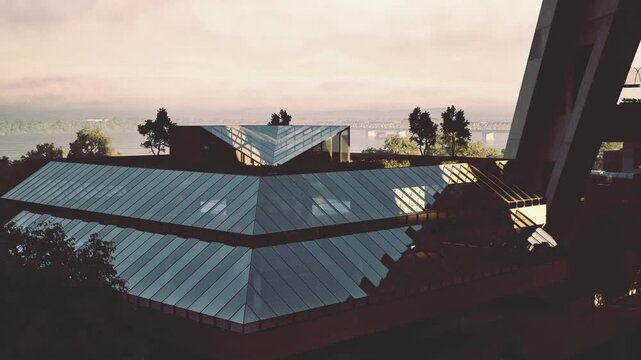 Pink dawn mirrored rooftop terrace with angular metal planes and soft coastal light, architect sketching retrofit proposals and imagining sustainable