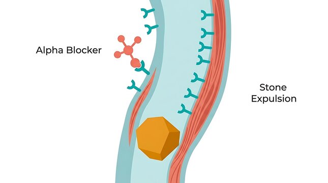 Alpha blocker mechanism for kidney stone expulsion medical illustration with receptor