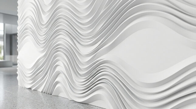 Minimalist Luxury Futuristic 3D Parametric Wave Wall Texture Background, Elegant Geometric Fluid Architectural Patterns, Clean Crisp Monochrome White Mockup Presentation Backdrop, Interior Copy Space