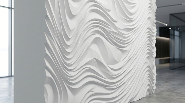 Minimalist Luxury Futuristic 3D Parametric Wave Wall Texture Background, Elegant Geometric Fluid Architectural Patterns, Clean Crisp Monochrome White Mockup Presentation Backdrop, Interior Copy Space