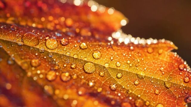 Macro autumn leaf with raindrops, close-up dew drops on colorful fall foliage, cinematic nature background, for seasonal projects