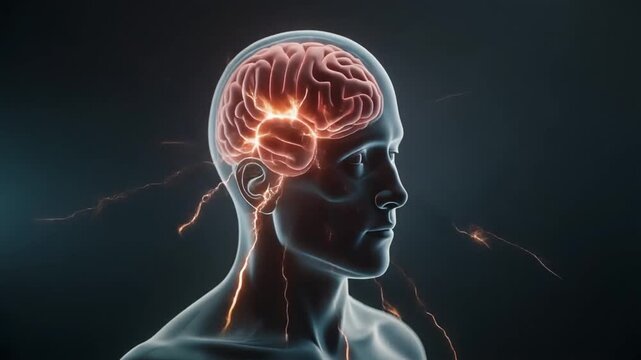 Human brain pain visualized with glowing electrical nerve impulses