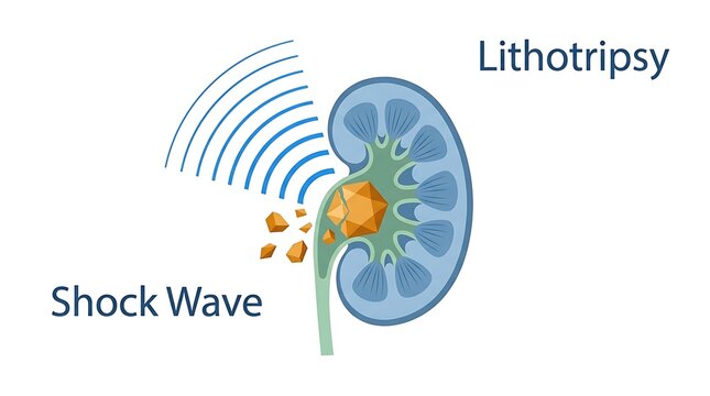 Shock wave lithotripsy procedure breaking kidney stone in human anatomy with calculus