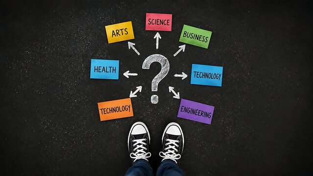 Student choosing academic major concept with question mark and educational disciplines on sticky notes
