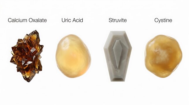 Four different types of kidney stones including calcium oxalate and uric acid