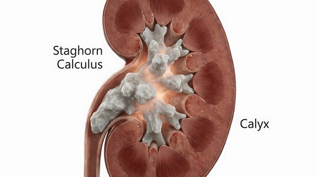 Staghorn calculus inside human kidney calyx medical diagram with staghorn, calculus